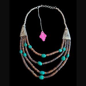 Bajalia Faux Turquoise Wood Bead Multi Strand Silver Tone 24.25" Necklace